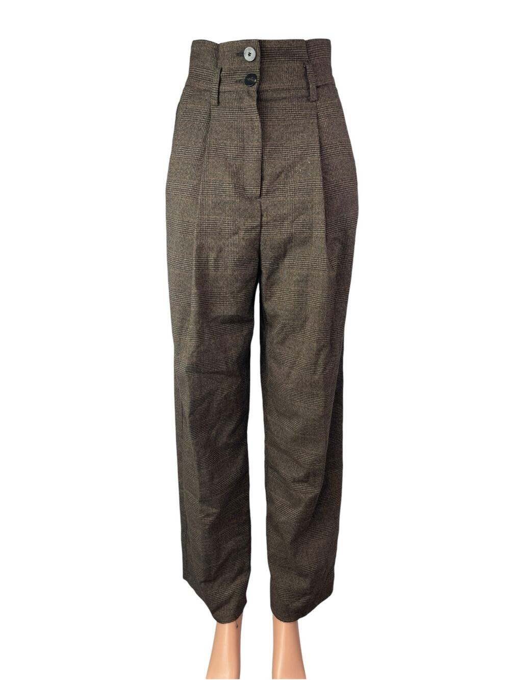 Mango Suit Plaid High Rise Pleated Carrot Barrel Tapered Trousers Dress Pants S